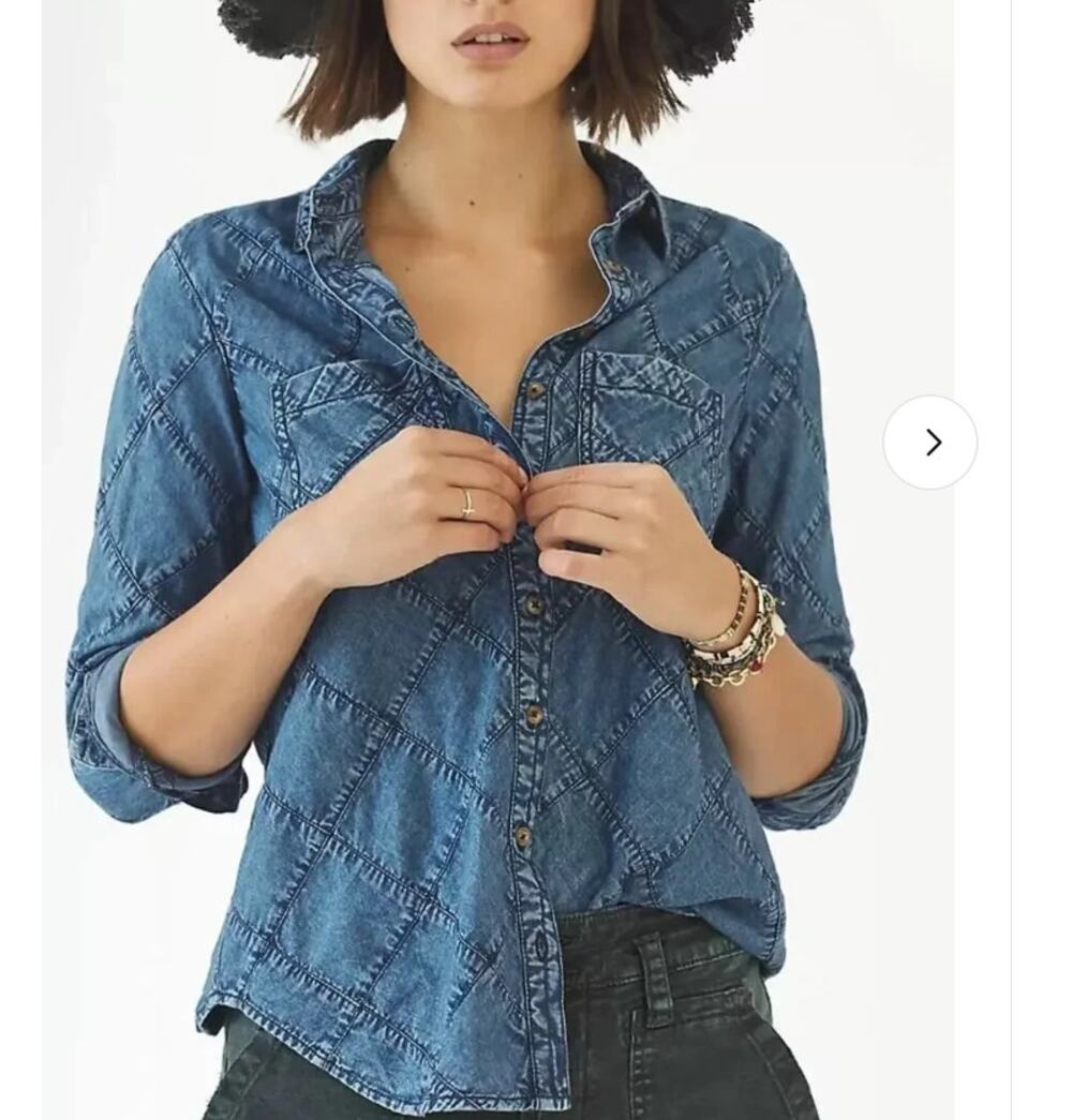 Pilcro Anthropologie Quilted Patchwork Denim Button Chambray Top Size L